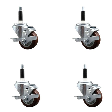 Service Caster 3'' SS Maroon Poly Swivel 3/4'' Expanding Stem Caster Set with Brake, 4PK SCC-SSEX20S314-PPUB-MRN-TLB-34-4